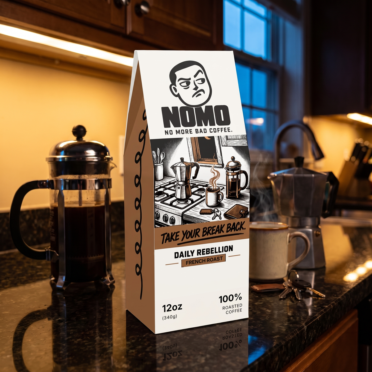 French press and NOMO French Roast on a kitchen counter at dawn