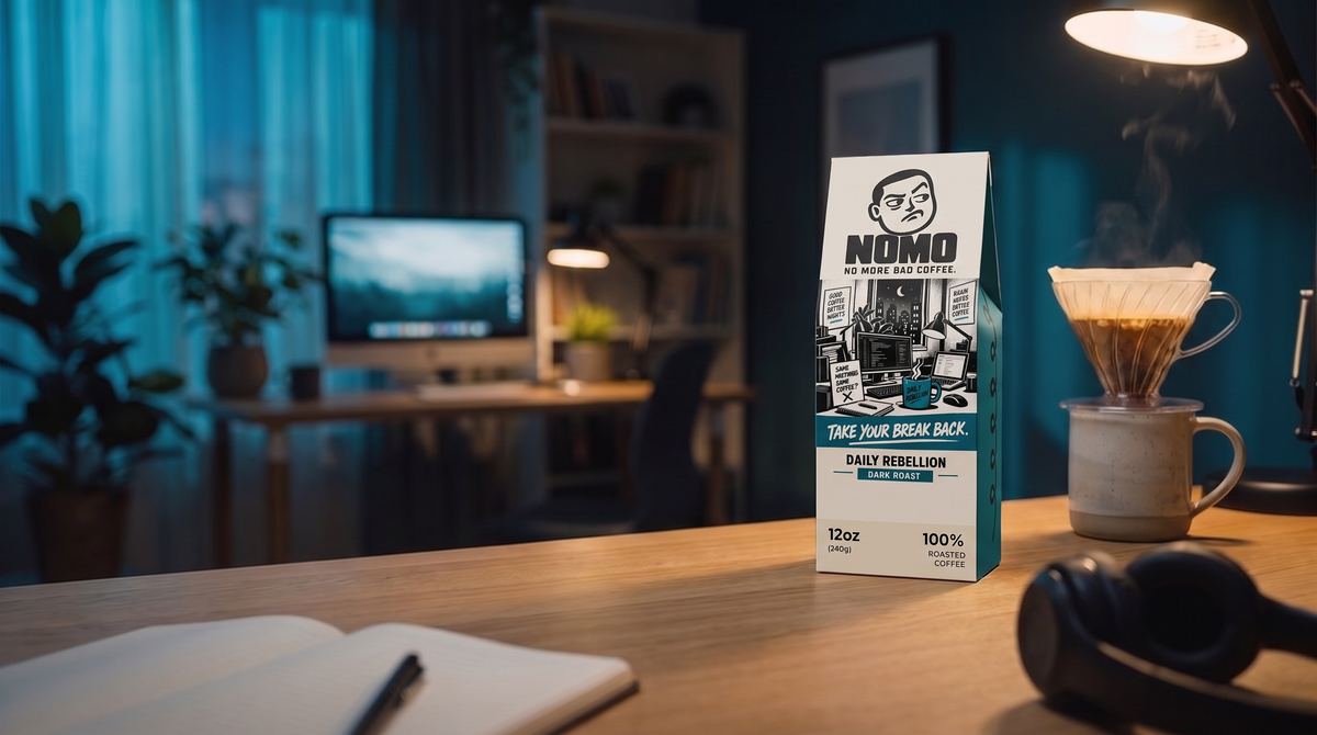 NOMO Dark Roast next to a pour-over on a home-office desk