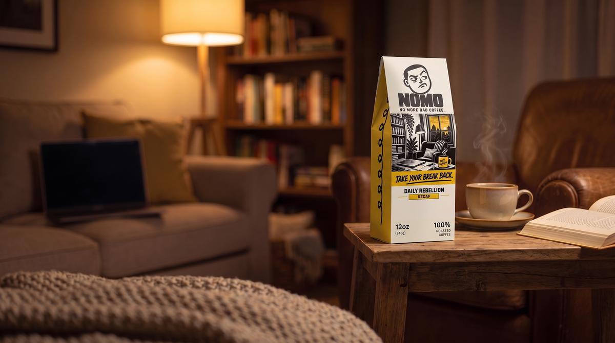 NOMO Decaf on a side table beside an armchair in the evening