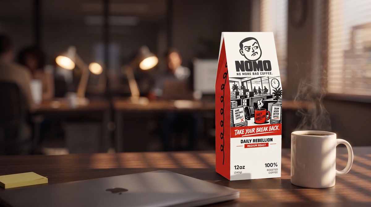 NOMO Medium Roast and a mug of coffee on an office desk