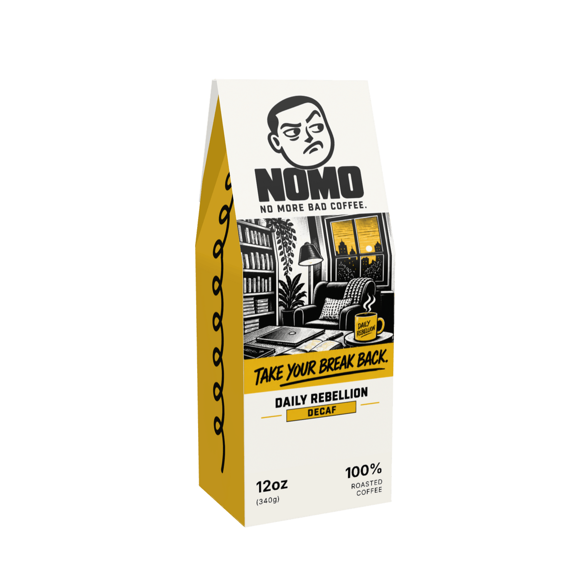 NOMO Decaf 12 oz coffee box, front