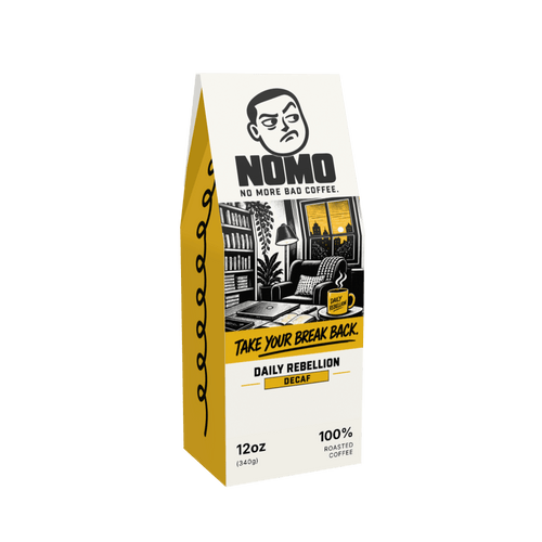 NOMO Decaf 12 oz coffee box, front
