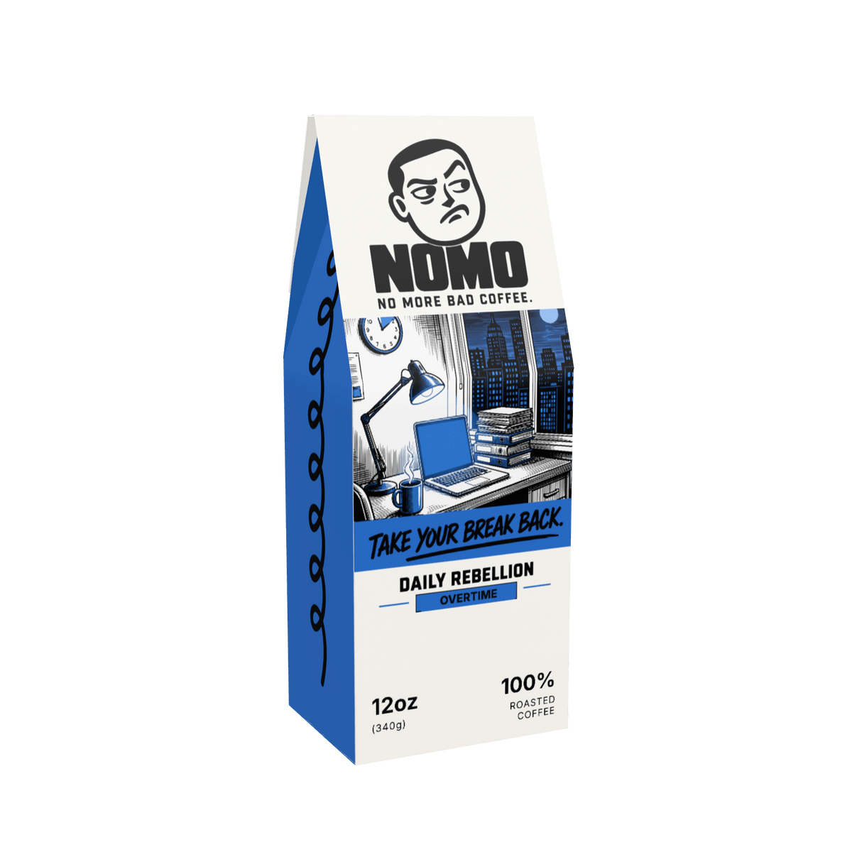 NOMO Overtime Blend 12 oz coffee box, front