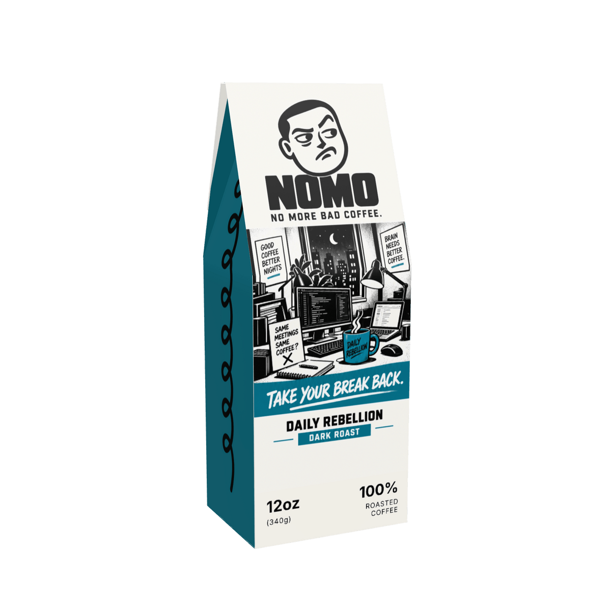 NOMO Dark Roast 12 oz coffee box, front