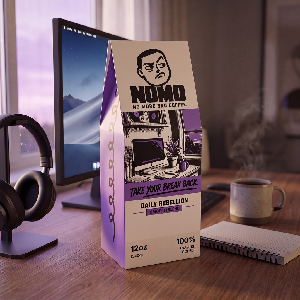 NOMO Smooth Blend on a home desk at dusk with headphones