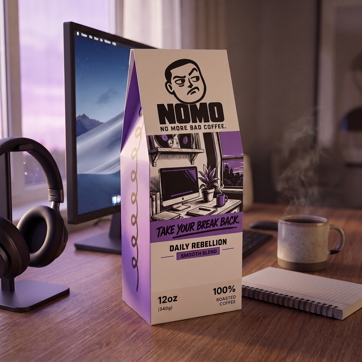 NOMO Smooth Blend on a home desk at dusk with headphones