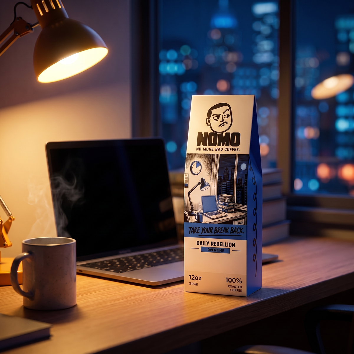 NOMO Overtime Blend on an office desk at night under a lamp