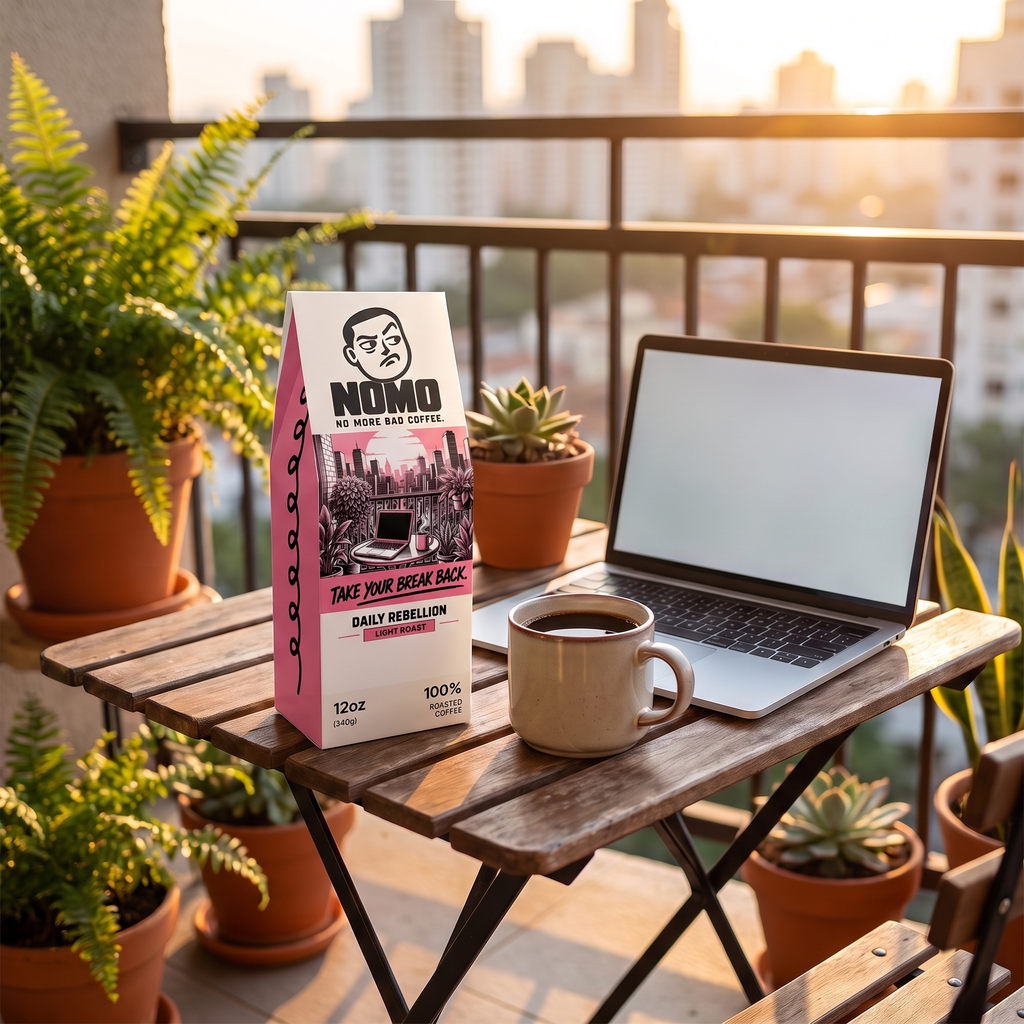 NOMO Light Roast on a sunny balcony table with a laptop and coffee