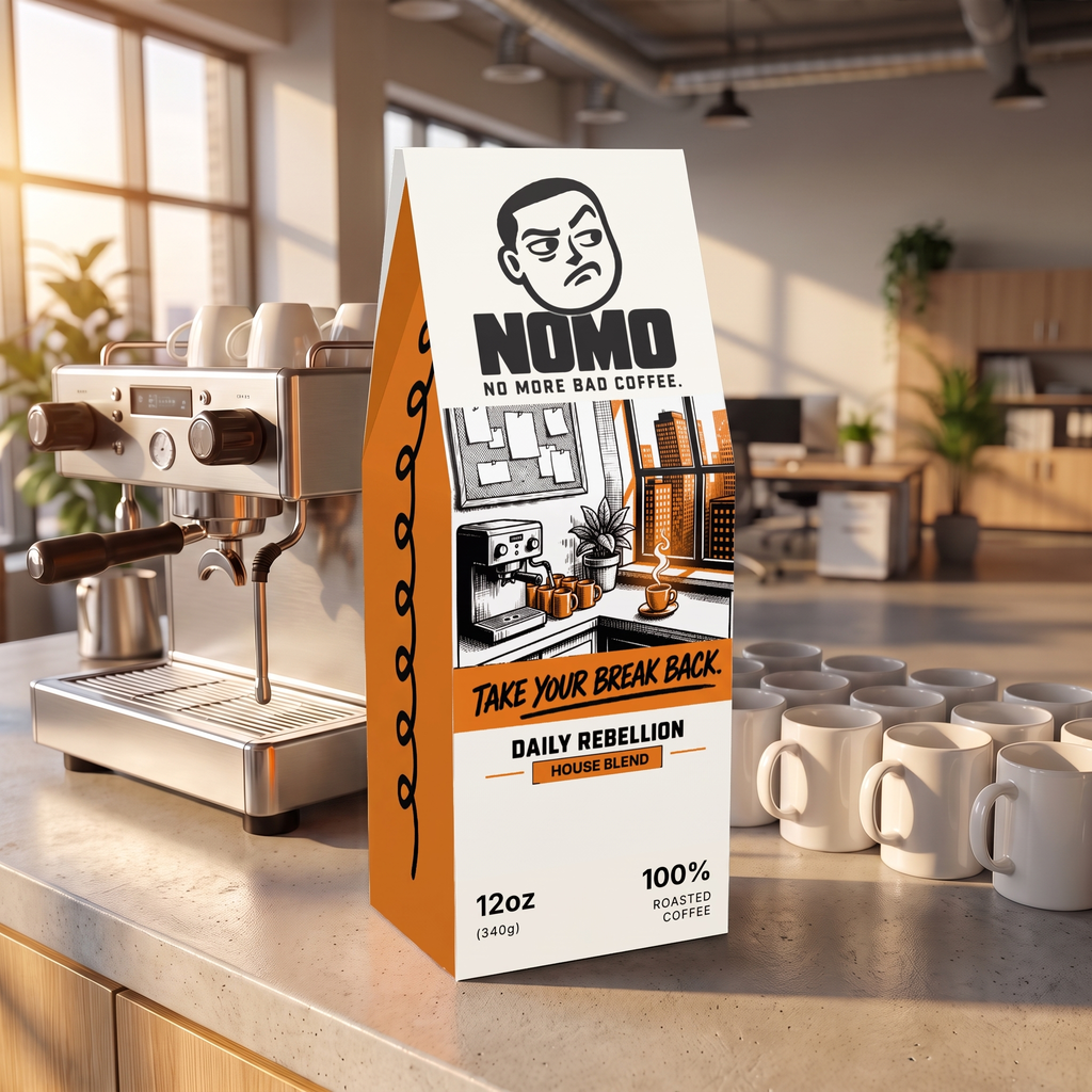 NOMO House Blend in an office break room beside an espresso machine
