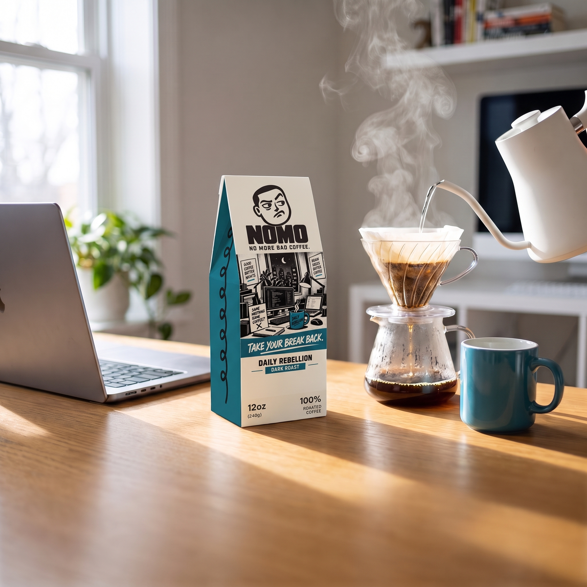 NOMO Dark Roast next to a pour-over kettle