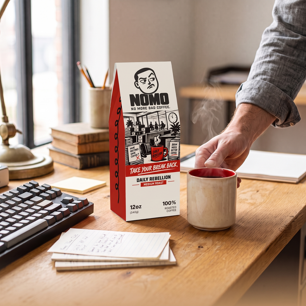 NOMO Medium Roast on an office desk